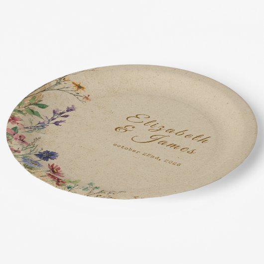 Beige Border Rustic Boho Wildblume Wedding Pappteller (Schrägansicht)