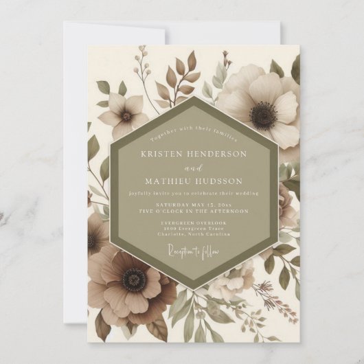 Beige Botanical Romance Wedding Einladung (Vorderseite)