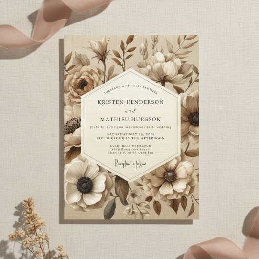 Beige Botanische Blütenhochzeit Einladung