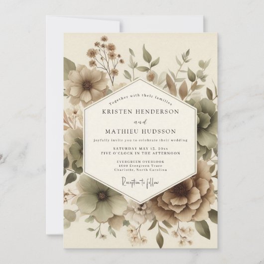Beige Botanische Herbsthochzeit Einladung (Vorderseite)
