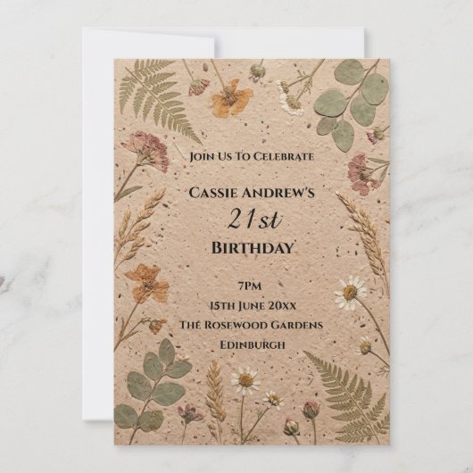 Beige Botanischer Meilenstein-Geburtstag Einladung (Vorderseite)