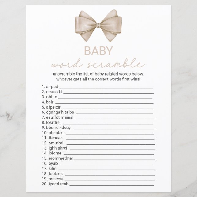 Beige Bow Baby Dusche Word Scramble (Vorderseite)