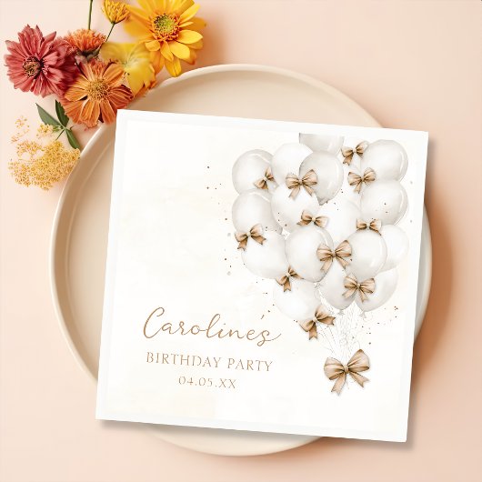 Beige Bow Balloons Birthday Napkins Serviette