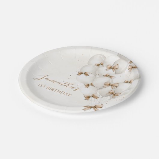 Beige Bow Balloons Birthday Paper Teller (Schrägansicht)