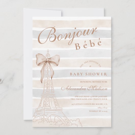 Beige Bow Bonjour Bebe Baby Dusche Einladung (Vorderseite)