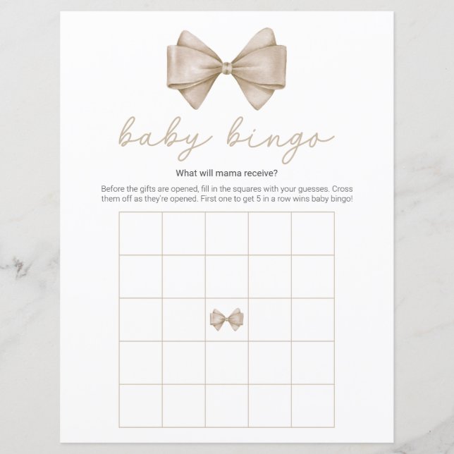 Beige Bow Modern Baby Dusche Bingo Spiel (Vorderseite)