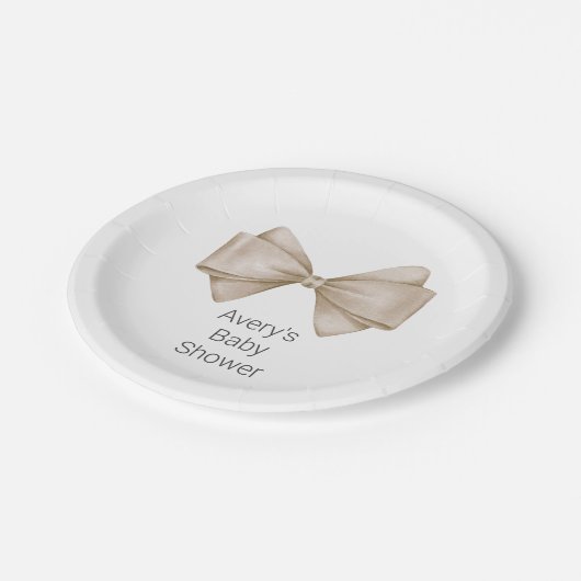 Beige Bow Modern Boho Babydusche Pappteller (Schrägansicht)