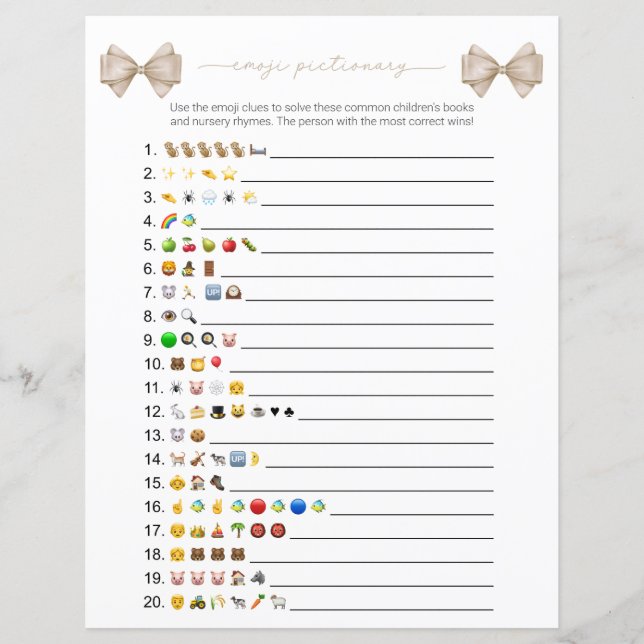 Beige Bow Modern Emoji Books Baby Showspiel (Vorderseite)