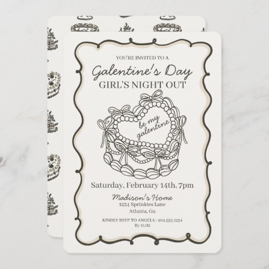 Beige Bow Retro Heart Coquette Cake Galentine Einladung (Vorne/Hinten)