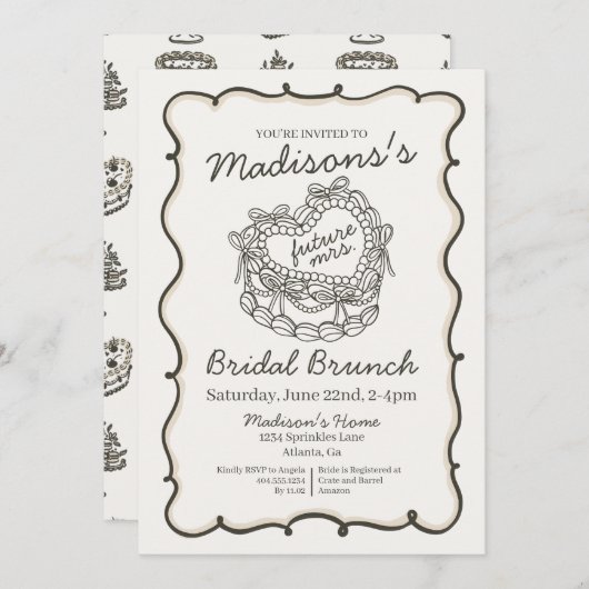 Beige Bow Retro Herz Coquette Cake Bridal Brunch Einladung (Vorne/Hinten)