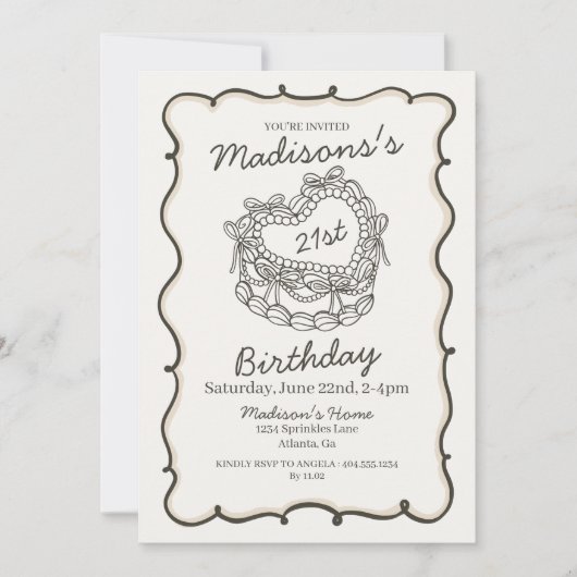 Beige Bow Retro Herz Coquette Kuchen 21. Geburtsta Einladung (Vorderseite)