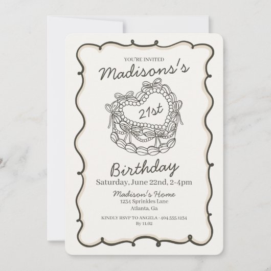 Beige Bow Retro Herz Coquette Kuchen 21. Geburtsta Einladung (Vorderseite)