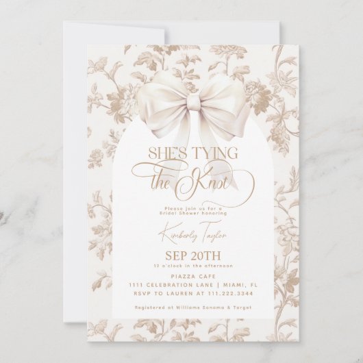 Beige Bow Toile Sie bindet das Brautparty des Knot Einladung (Vorderseite)
