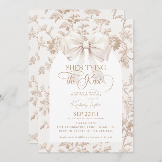 Beige Bow Toile Sie bindet das Brautparty des Knot Einladung (Vorne/Hinten)