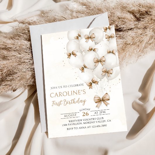 Beige Bows Balloons zum Geburtstag Einladung