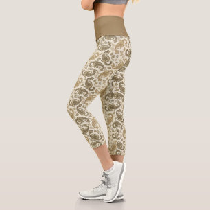Beige-Braun Paisley-Muster-Hose mit hoher Taille C Capri Leggings