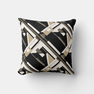 Beige Braun Schwarz Weiß Diagonales Geometrisches  Kissen