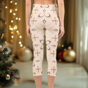 Beige & Braune Geometrische Florale Elegante Minim Capri Leggings