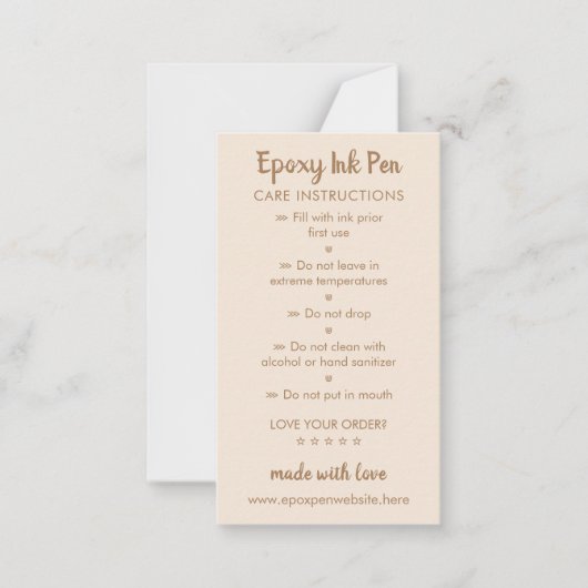 Beige braune Pflegeanweisungen für Epoxy-Pen Mitteilungskarte (Vorderseite)