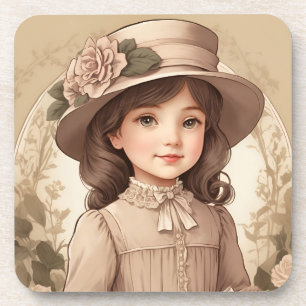 Beige Brauner Vintage-Blumen-Mädchenporträt Getränkeuntersetzer