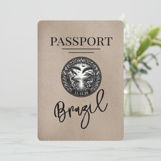 Beige Brazil Passport Save the Date (Stehend Vorderseite)