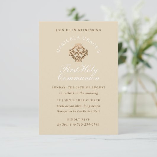 Beige Bronze Erste Kommune Einladung (Stehend Vorderseite)