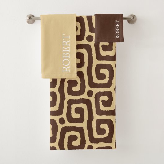  Beige &Brown Abstract Pattern Custom Name Badhandtuch Set (Insitu)