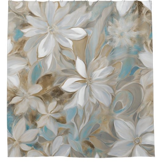 Beige Brown Aquamarin Blue Floral Duschvorhang (Vorderseite)