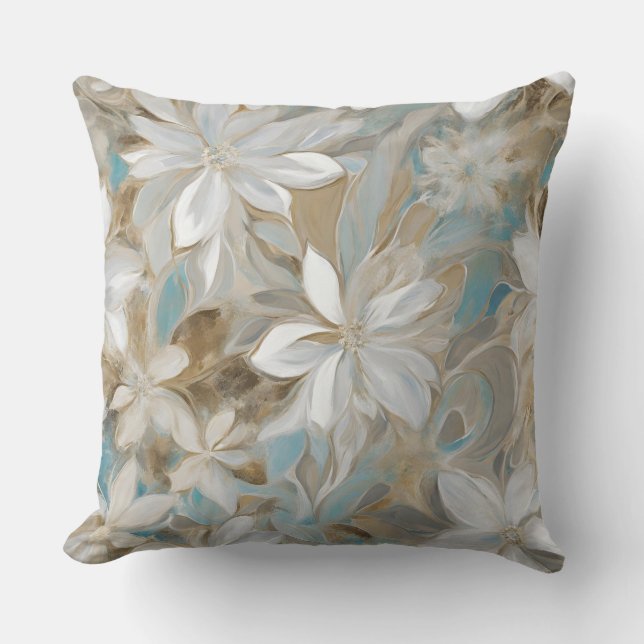 Beige Brown Aquamarin Blue Floral Kissen (Vorderseite)
