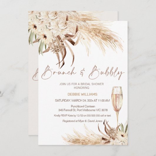 Beige Brown Boho Brunch Bubbly Brautparty Einladung (Vorne/Hinten)
