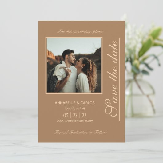 Beige Brown Boho Save the Date Einladung (Stehend Vorderseite)