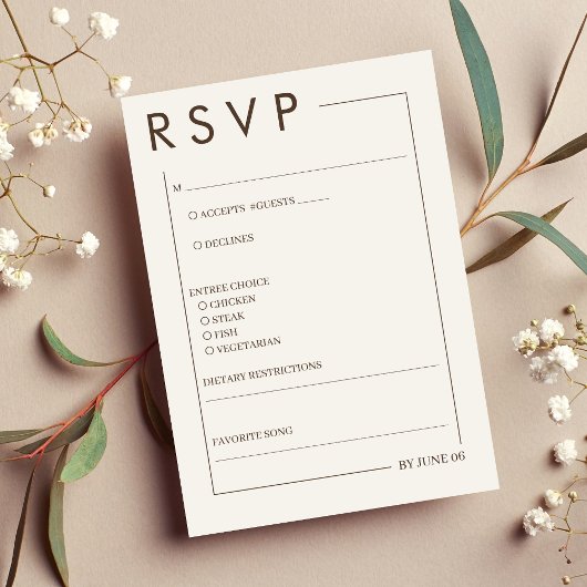 Beige Brown Border Simple Wedding RSVP Karte