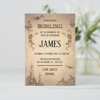 Beige Brown Illustration Halloween Geburtstag Einladung