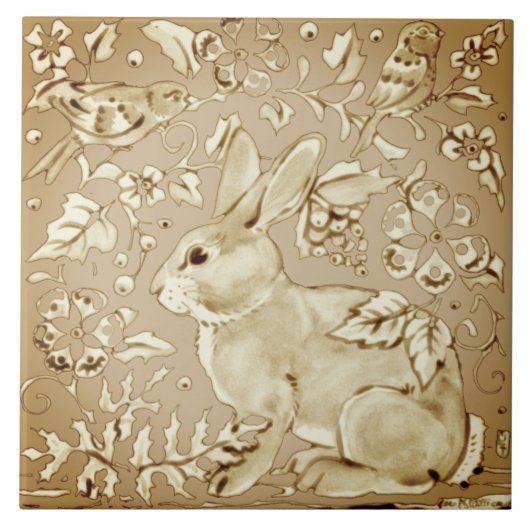 Beige Brown Ivory Bunny Rabbit Bird Floral Leaf Fliese (Vorderseite)