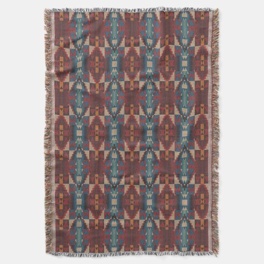 Beige Brown Maroon Red Dark Aquamarin Blue Tribal Decke (Vorderseite Vertikal)