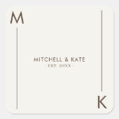 Beige Brown Simple Line Monogram Wedding Quadratischer Aufkleber (Vorderseite)