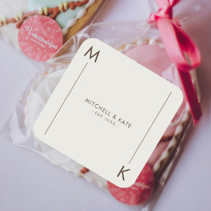 Beige Brown Simple Line Monogram Wedding Quadratischer Aufkleber