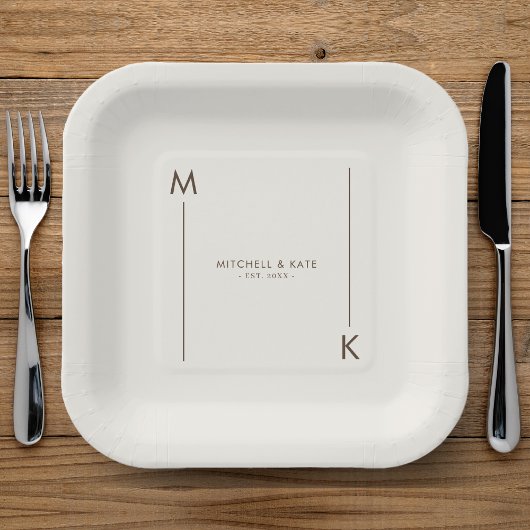 Beige Brown Simple Monogram Wedding Pappteller