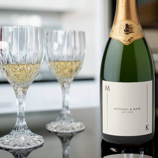 Beige Brown Simple Monogram Wedding Schaumweinetikett