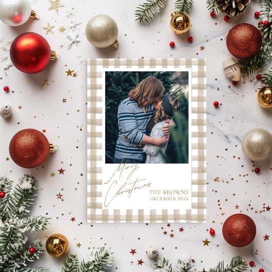 Beige Buffalo Plaid with Photo Christmas Card Einladung