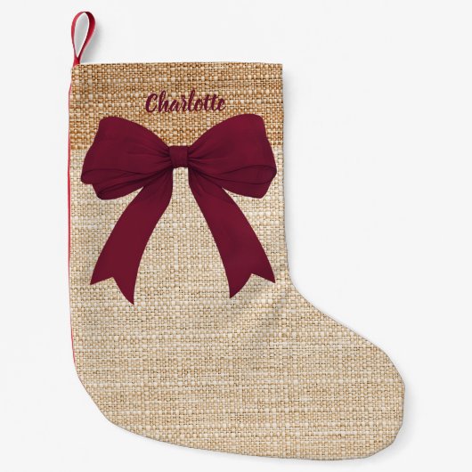 Beige Burlap-Borgbugname Kleiner Weihnachtsstrumpf (Vorderseite)
