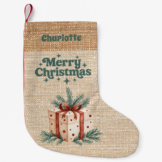 Beige Burlap Geschenkboxen Retro Frohe Weihnachten Kleiner Weihnachtsstrumpf (Vorderseite)