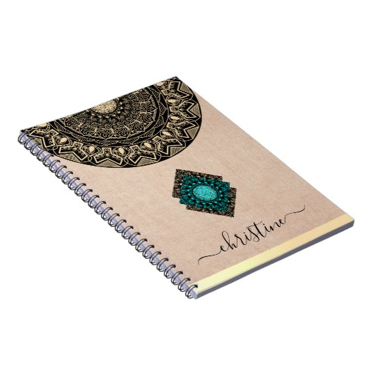 Beige Burlap Mandala Black Script Name Notizblock (Rechte Seite)