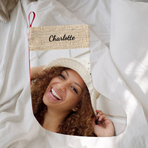 Beige Burlap Name Foto modern Kleiner Weihnachtsstrumpf