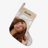 Beige Burlap Name Foto modern Kleiner Weihnachtsstrumpf (Vorderansicht (hängend))