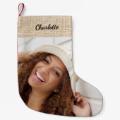 Beige Burlap Name Foto modern Kleiner Weihnachtsstrumpf (Vorderseite)