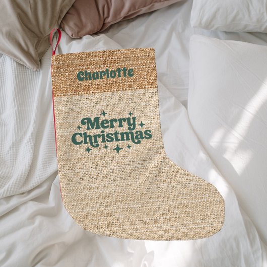 Beige Burlap Name Retro Frohe Weihnachten Kleiner Weihnachtsstrumpf