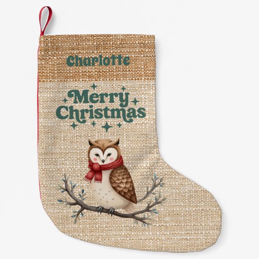 Beige Burlap-Uhname Retro Frohe Weihnachten Kleiner Weihnachtsstrumpf (Vorderseite)