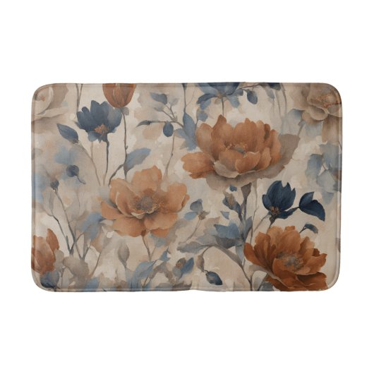 Beige Burnt Orange Dusty Navy Blue Floral Badematte (Vorderseite)