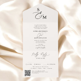 Beige Calligraphie Monogram Formal QR Code Hochzei All In One Einladung